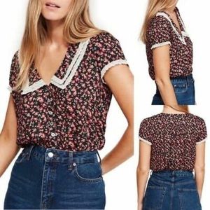 Free People The Ana Black Floral Top, Lace Collar, Button Up, Size Large